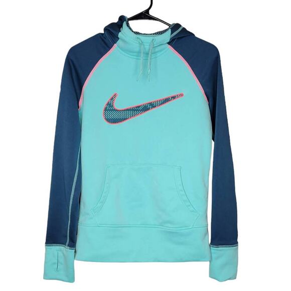 Nike Tops - Nike Therma Fit Teal Pattern Swoosh Raglan Hoodie Women Sz XS 665890-385